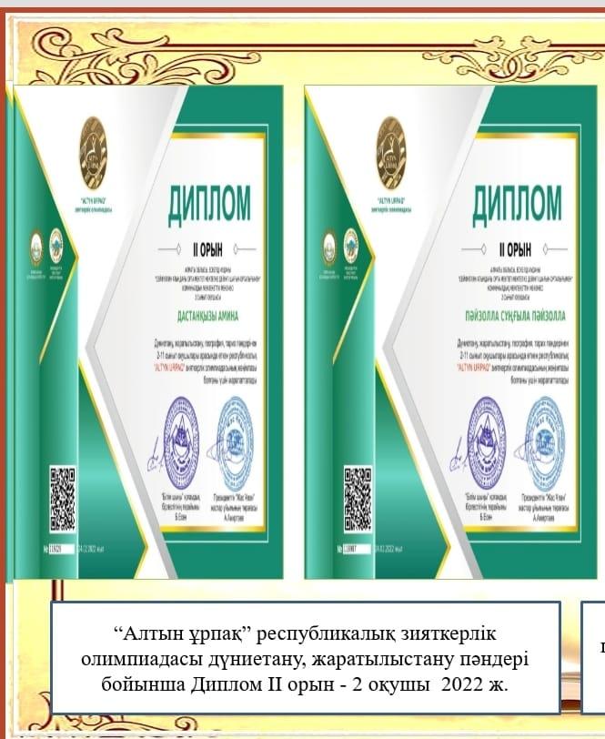 "Алтын ұрпақ" зияткерлік олимпиадасы  Дастанқызы А, ПәйзоллақызыС, Жетекшісі Акимджагова Л.Ж